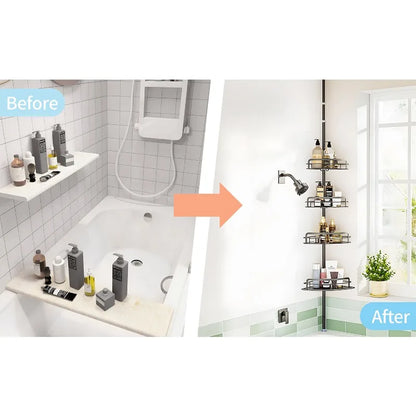 4-stufiges verstellbares Eck-Duschregal (82–296 cm) – kein Bohren, Spannstange, dreieckiger Organizer für Badezimmer, Küche, Aufbewahrung mit Haken