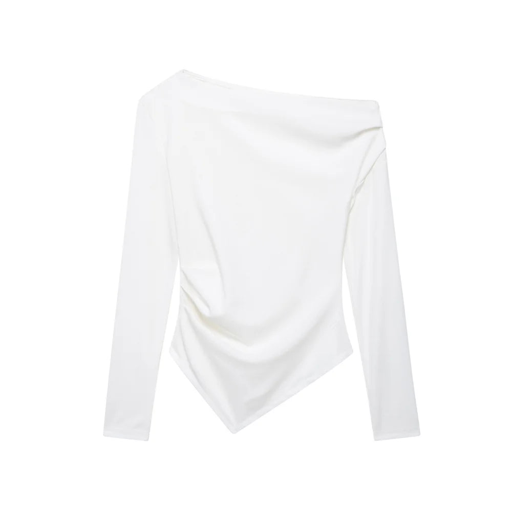 Women's Asymmetric Elastic Top Solid Color Long Sleeve Slant Neck Decoration Spring New Casual Women's Top.