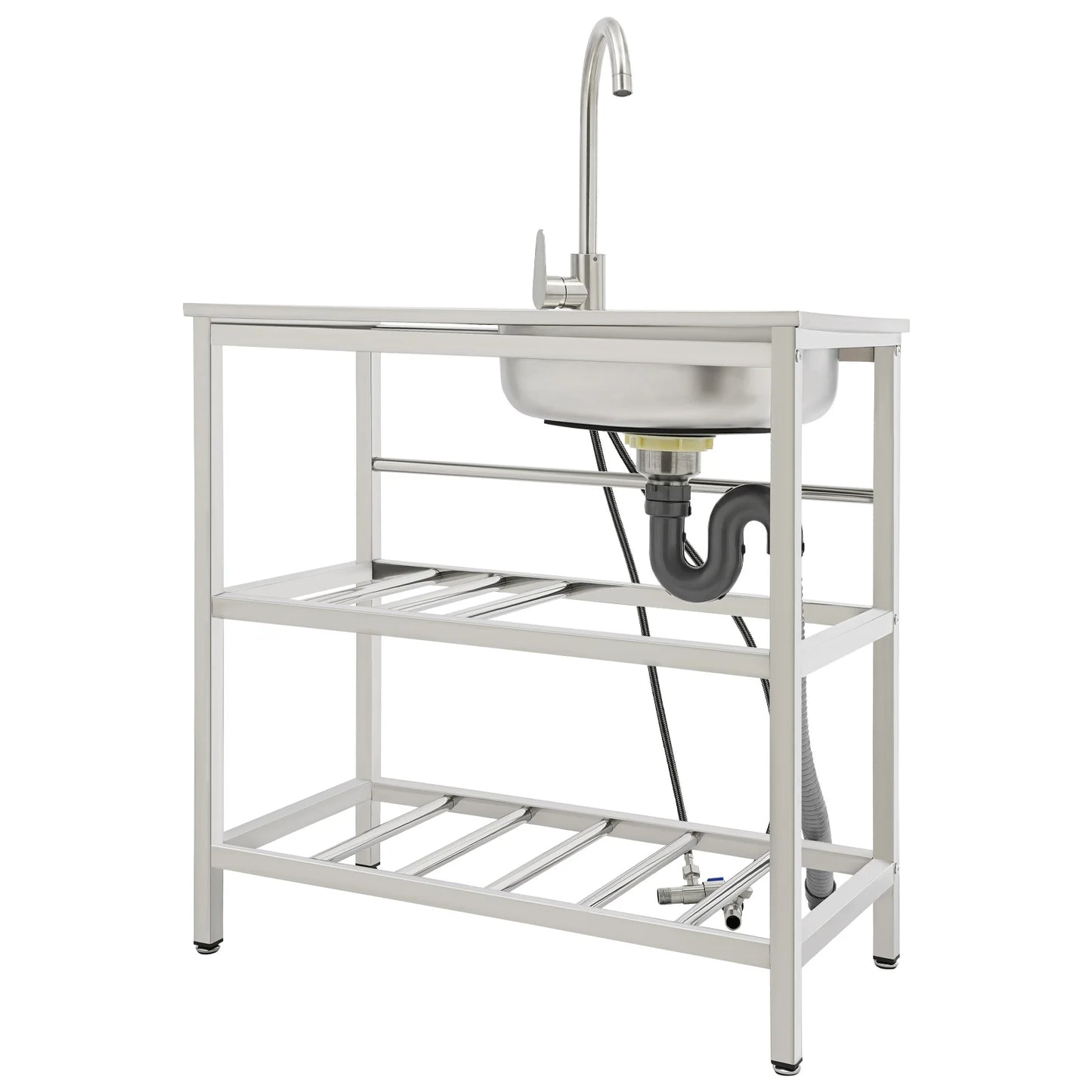 Freistehendes Waschbecken aus Edelstahl mit 2-stufigem Boden, Aufbewahrungsregal für die Küche, Outdoor-Spüle mit Facut-Handwaschstation