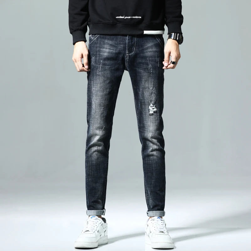 New Men's Fashion Ripped Jeans Stretch Slim Straight Little Feet Pants Hip Hop Youth Streetwear Punk Personality Male Trousers.