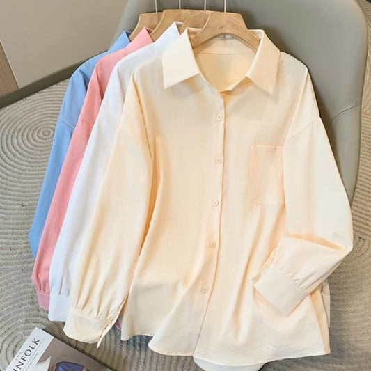 Plus Size Women's Blouses 2025 Spring Autumn Simple Lady Shirts Long Sleeve Big Pockets Shirt Loose Casual Tops.