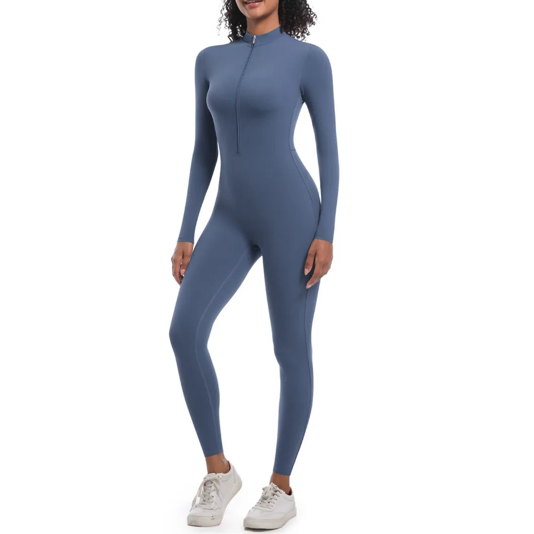 S-XL 2025 Nylon Zipper Long Sleeve Yoga Set Women One Piece Jumpsuit Fitness Gym Workout Pant Legging Running Romper Suit XP27.