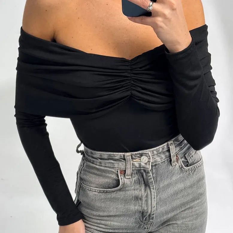 Talenza Sexy Ruched Top Women's One-Shoulder Long Sleeve Backless Solid Pullover Top Summer Female Office Lady Casual Top Women