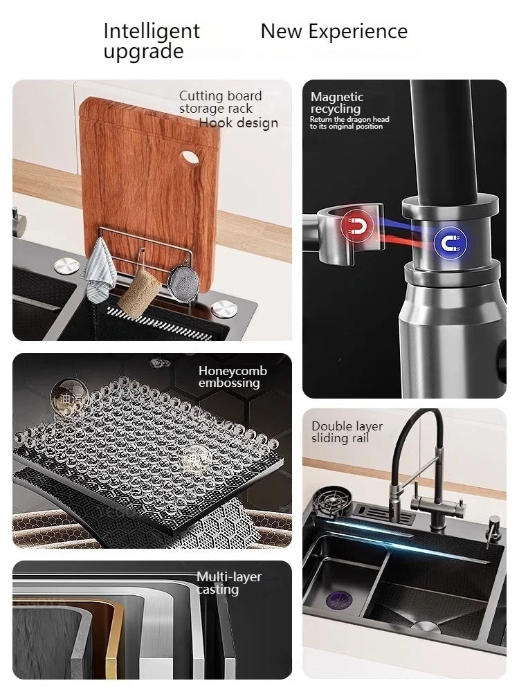 Waterfall Kitchen Sink Stainless Steel Multifunctional Undermount Washbasin Double Slot Dishwashing Sinks