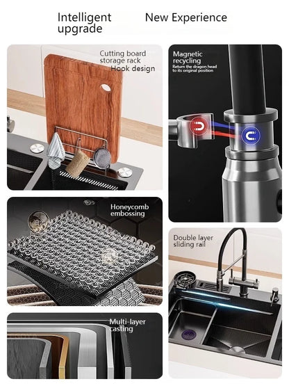 Waterfall Kitchen Sink Stainless Steel Multifunctional Undermount Washbasin Double Slot Dishwashing Sinks