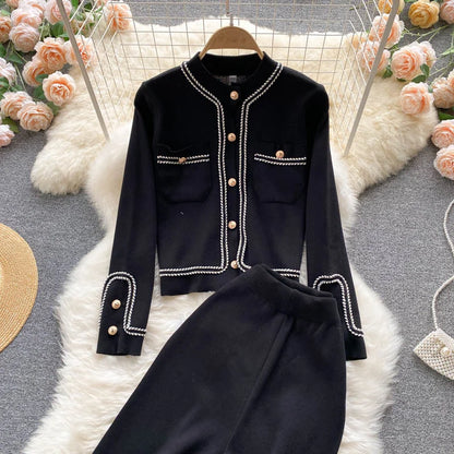 New Autumn Korean Fashion Casual Knit Two Piece Set Women Sweater Cardigan Crop Top + Wide Leg Pant Suits Tracksuit 2 Piece Sets.