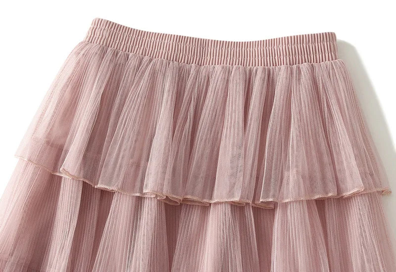 Beiyingni Woman Mesh Long Midi Cake Skirt Solid Color Elegant French Tiered Fairy Tulle Skirts Khaki Casual High Waist Faldas
