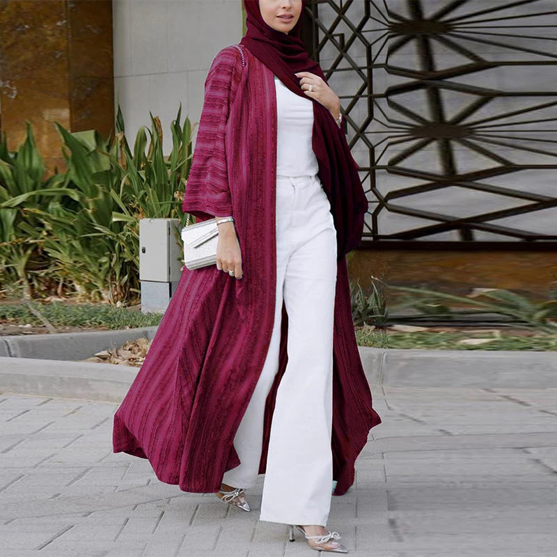 2024 New Fashion Muslim Kimono Abaya Solid Striped Retro Ethnic Cardigan Robe Dubai Middle Eastern Saudi Arabia Eid Clothes