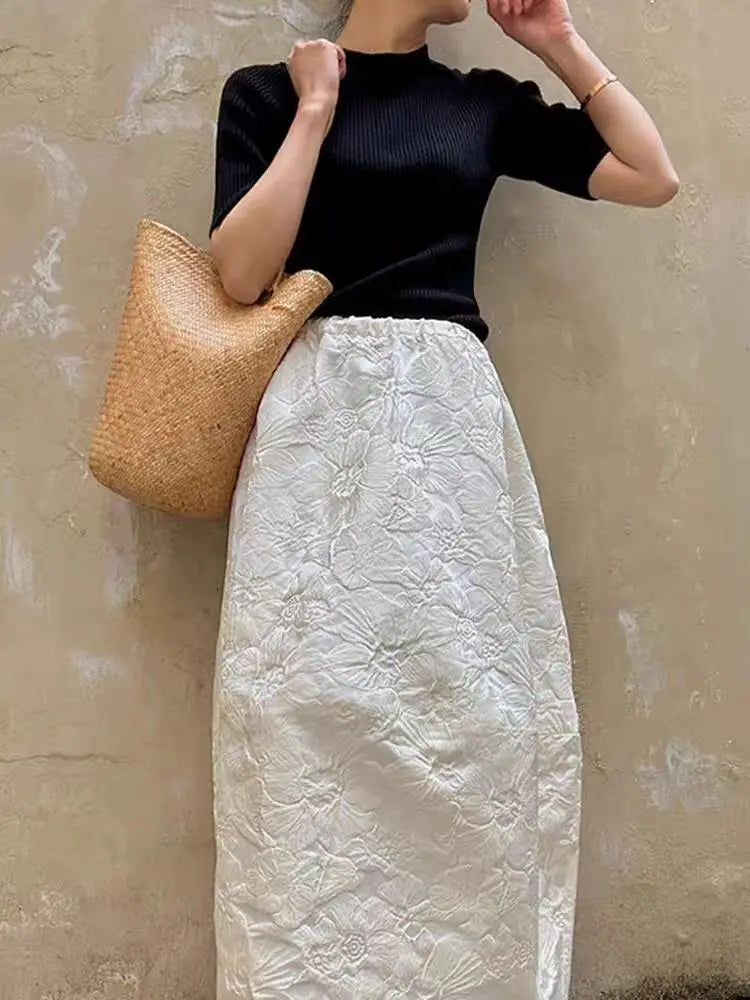 2024 New Arrival Spring/summer Arts Style Women Casual Loose Fit Elastic Waist A-line Jacquard Design Ankle-length Skirt P02.