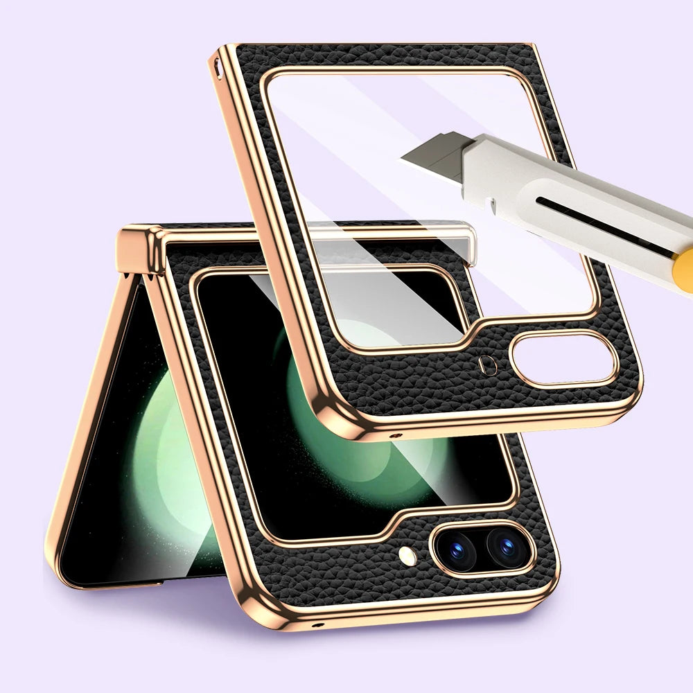 Cowhide Leather Phone Case for Samsung Galaxy Z Flip7 Flip6 Flip5 Flip 7 6 5 Luxury Hinge Protection Cover with Tempered Glass.