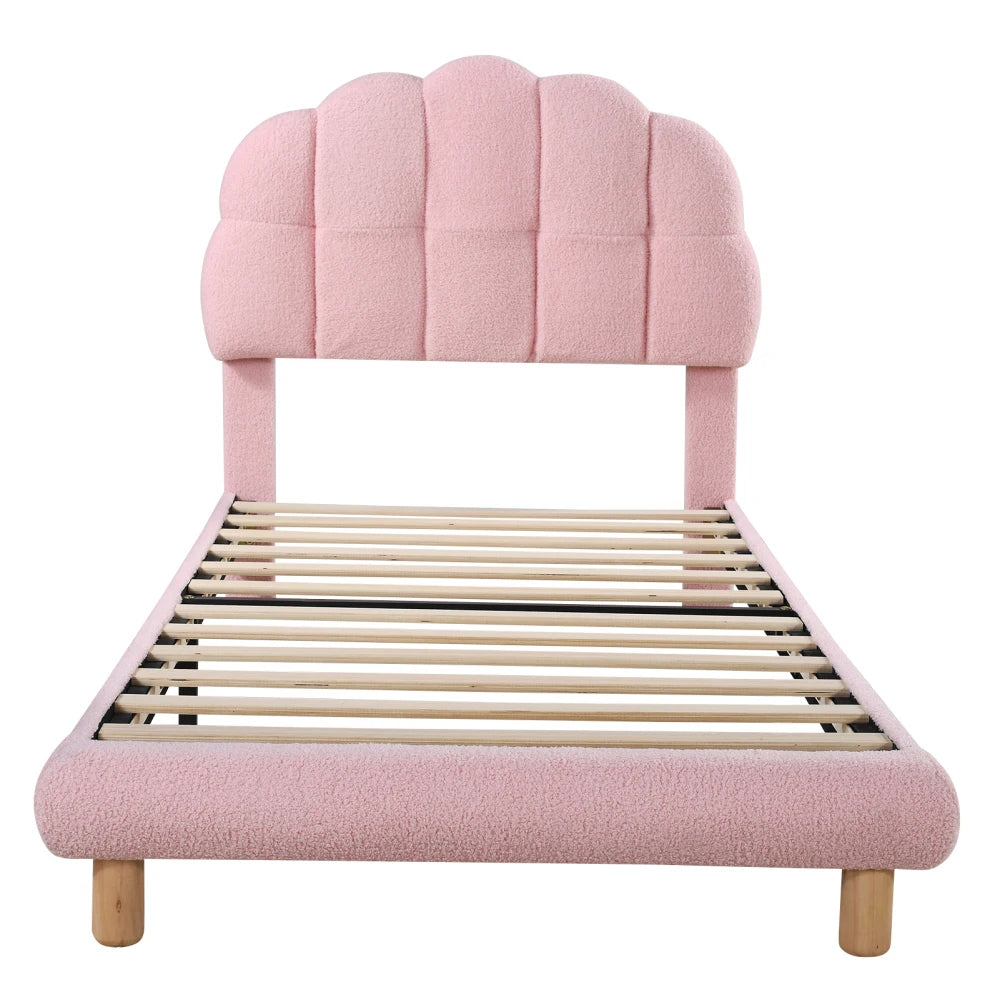 Modernes 90x200cm Einzelbett, Kinderbett, Jugendbett, Polsterbett, Holzgittergrill, Fleeceimitation, Weiß und Rosa