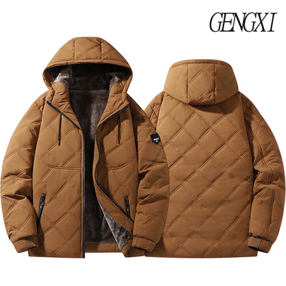 Winter Windproof Thermal Diamond-Pattern Fleece-Lined Thickened Cotton Coat Business Casual Hooded Jacket Fashionable Menswear.