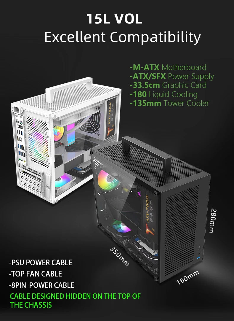 METALFISH S5 MAX Computer Case Gaming PC Chassis Support MATX/ITX 24.5*24.5cm SFX/ATX PSU 135 Mid Tower /180 WaterCooling Cooler.