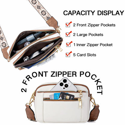 Stylish Wide Strap Shoulder Bag Women's Multiple Pockets Faux Leather Crossbody Bags Adjustable Strap  Travel Handbag Purse.