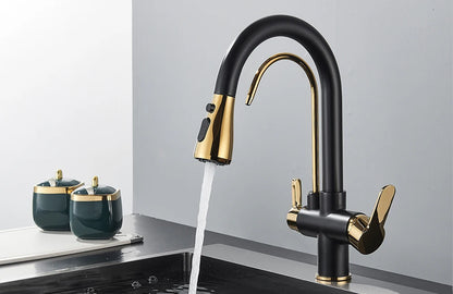 Quyanre Matte Black Filtered Crane For Kitchen Pull Out Spray 360 Rotation Water Filter Tap Three Ways Sink Mixer Kitchen Faucet