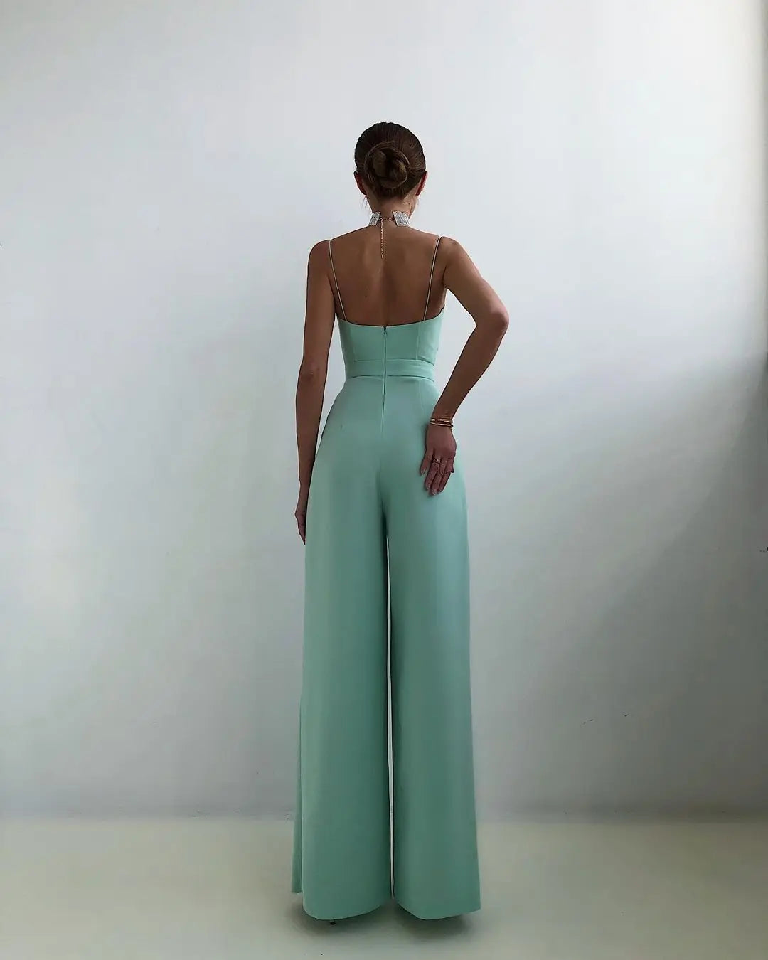 2025 Spring Summer Chiffon Elegant Jumpsuits Women Spaghetti Strap High Waist Wide Leg Jumpsuits Overalls Solid Womens Jumpsuit.