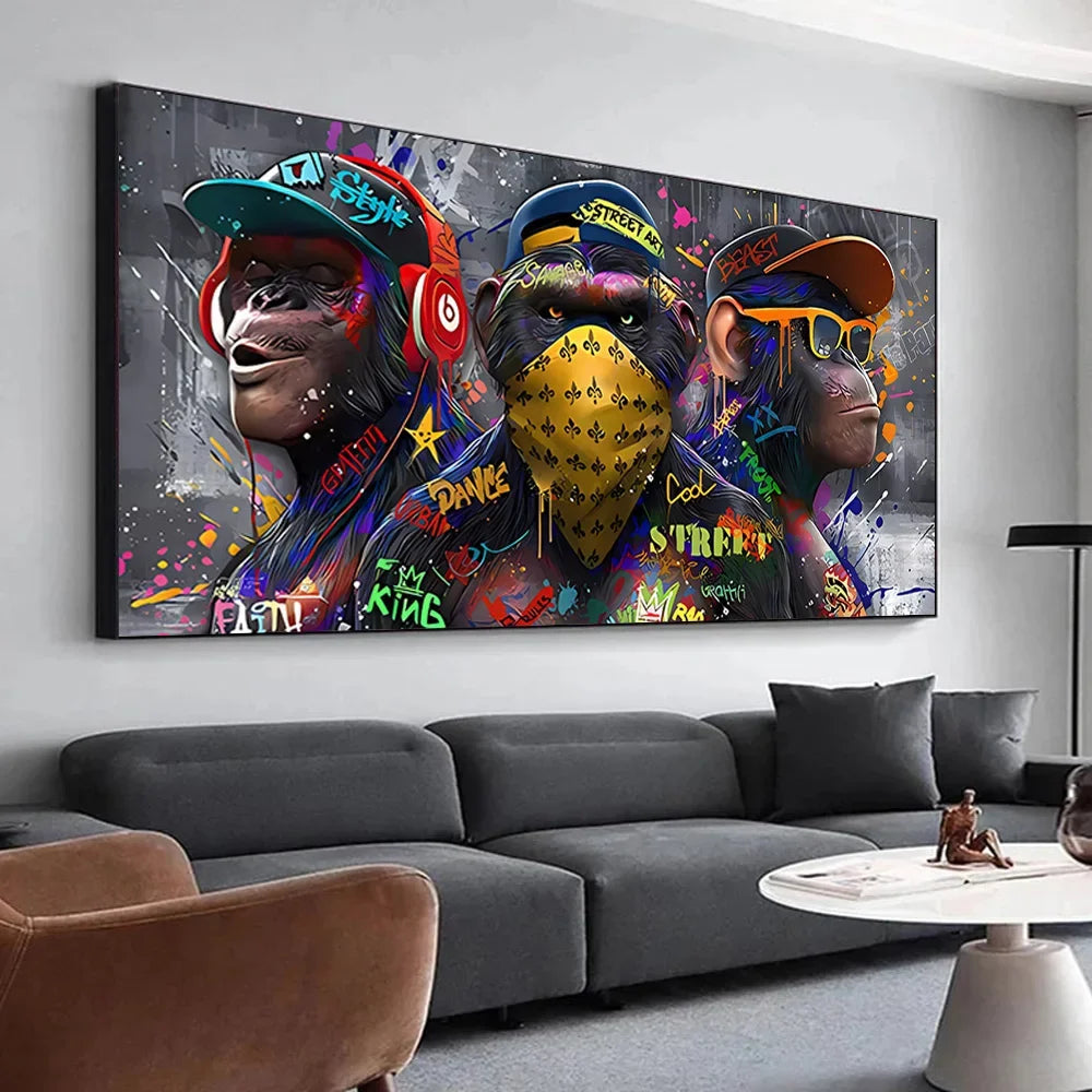 Graffiti Three monkey Wall Art Poster Animal Pop Mural Modern Home Decor Canvas Painting Picture Prints Living Room Decoration.