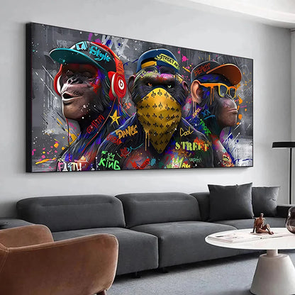 Graffiti Three monkey Wall Art Poster Animal Pop Mural Modern Home Decor Canvas Painting Picture Prints Living Room Decoration.