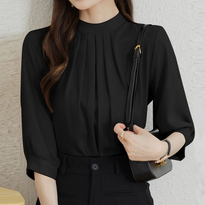 ZANZEA Fashion Stand Collar Blouse Woman 3/4 Sleeve Solid Color Tunic Tops Female Casual Loose Shirt Elegant Party Blusas Mujer.