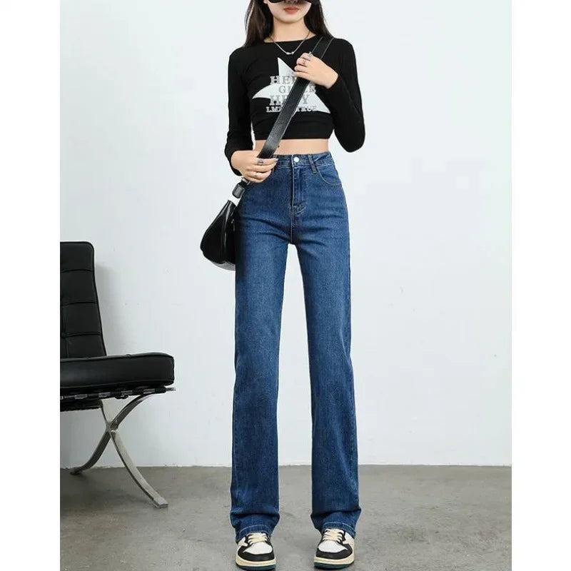 High Waist Elastic Denim Pants Straight Narrow Versatile High Waist Slimming Straight Tube Pants for Spring Autumn New Arrival.