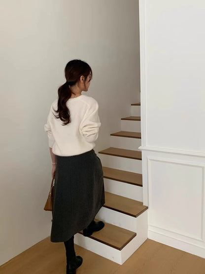 Thick Hepburn Style Woolen Pleated Skirt High Waist Slimming Casual Half Skirt Women Autumn Winter Unique Long Skirt.