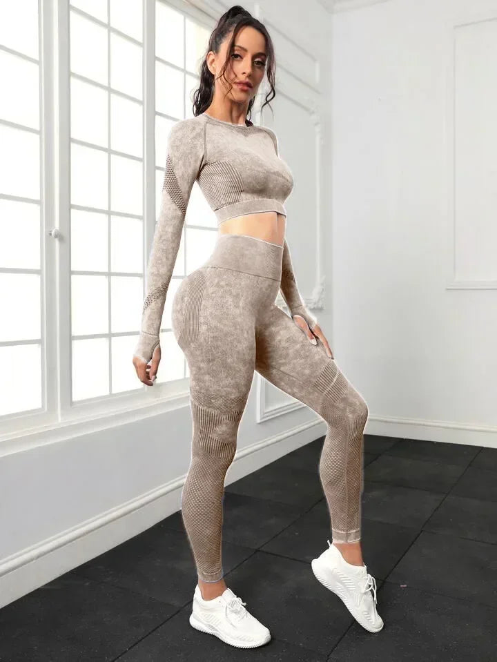2 Piece Acid Wash Gym Set Women Seamless Long Sleeve Leggings Tracksuit Sports Fitness Suit Scrunch Workout Clothes Yoga Outfits