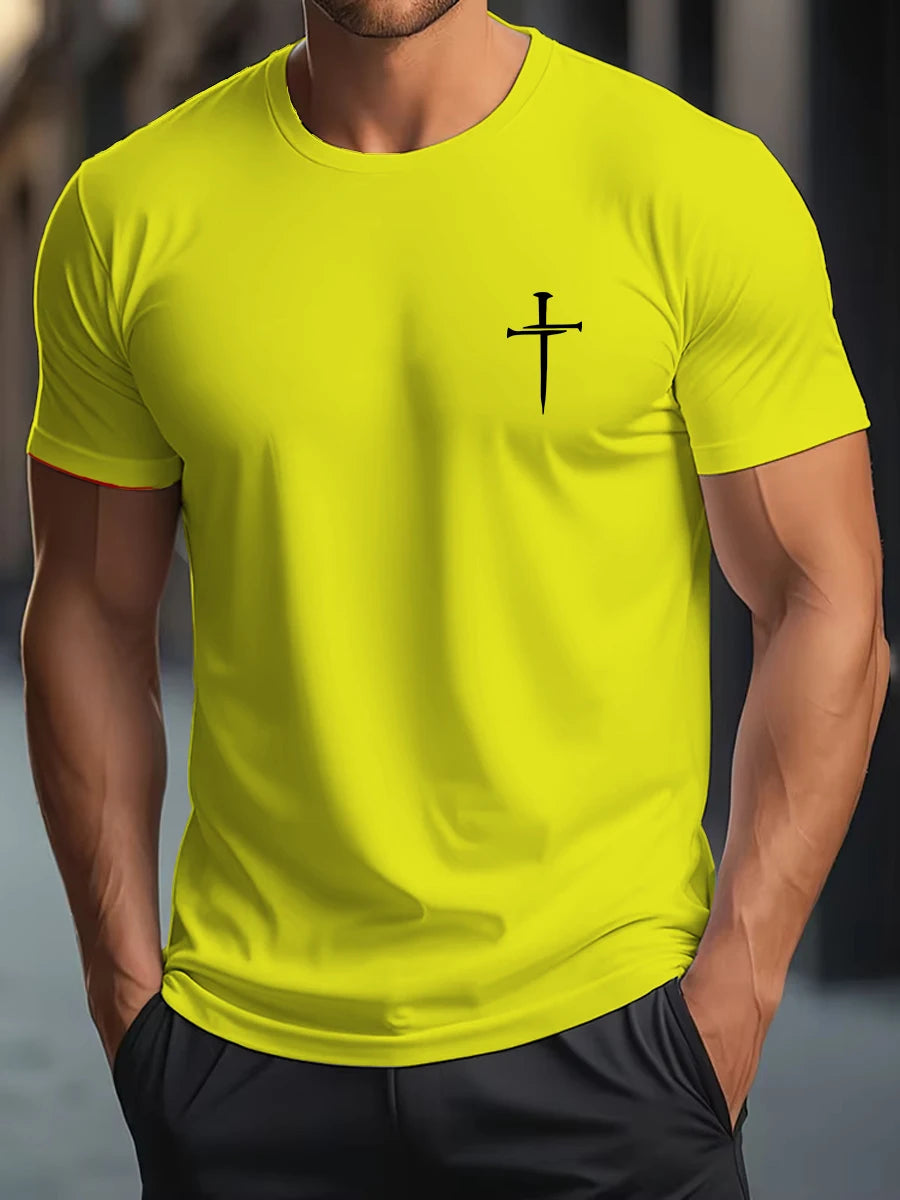 Men's Summer 100% Cotton Fashionable Casual Loose Large Size Faith Cross Printed Round Neck Short Sleeve T-shirt Top.