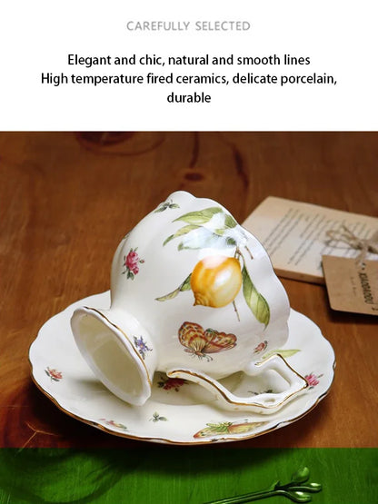 European Style Ceramic Mug Coffee Cup and Saucers Set Lemon Pattern Retro Afternoon tea cup Dessert Plate Teapot Home kettle.