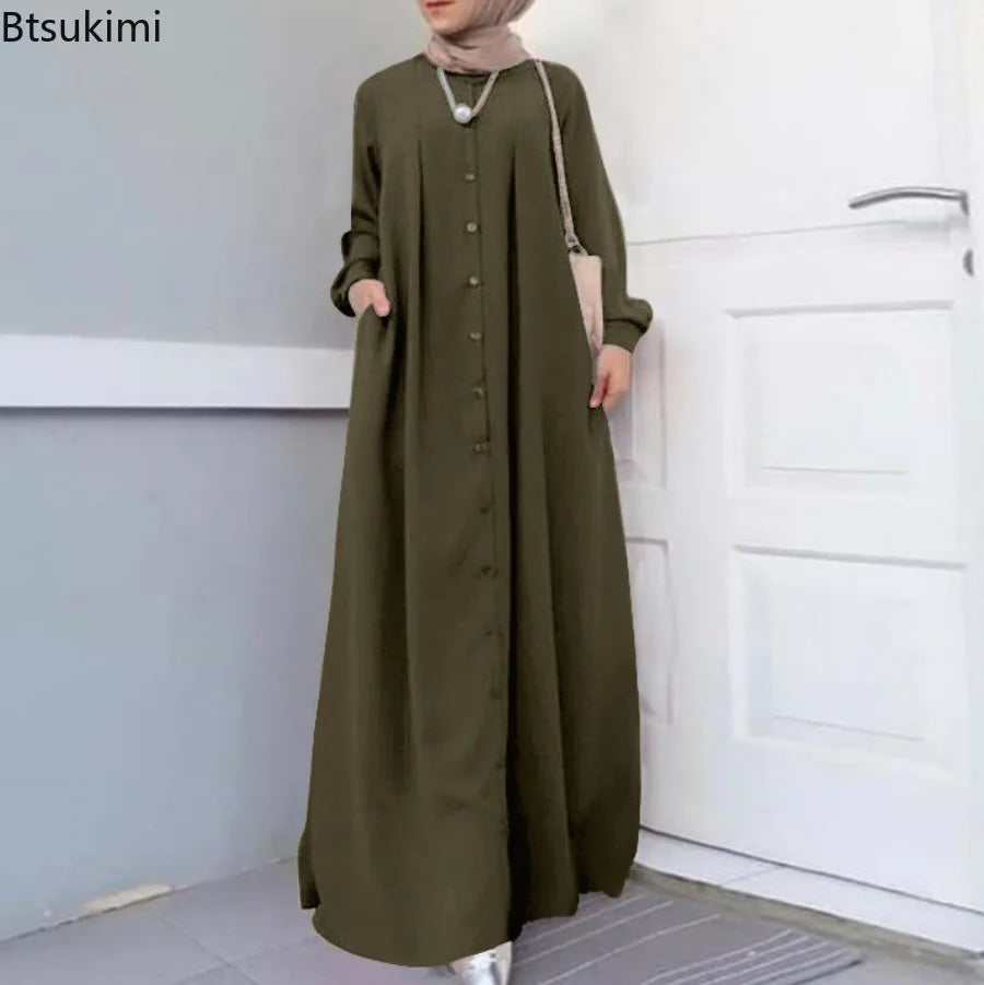 2025Spring Autumn Maxi Long Dress Women Muslim Long Sleeve Dress Loose Casual Dresses Vintage Hijab Islamic Clothing Caftan Robe.