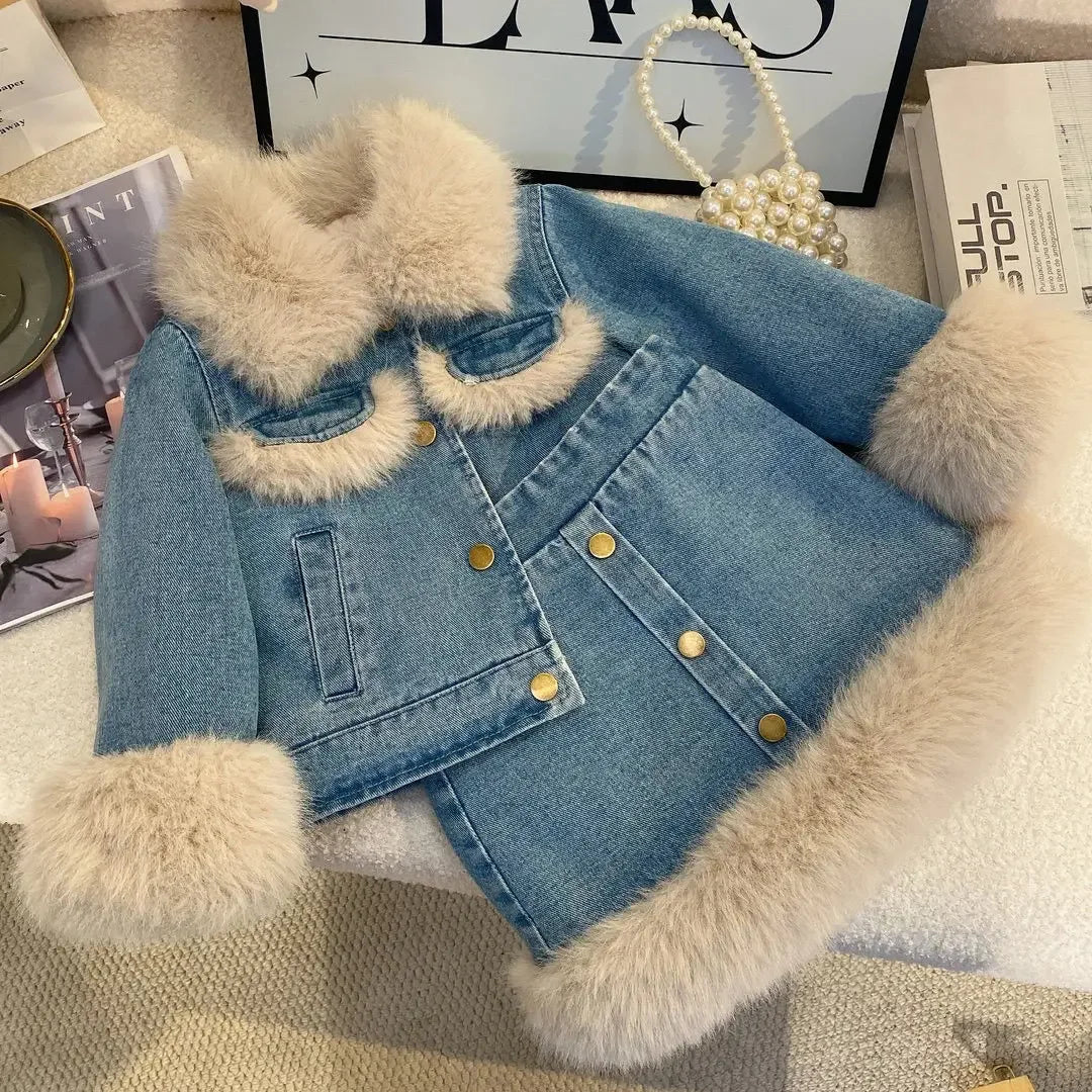 Children's Sets Girls' Fleece-Lined Denim Set Korean Winter Jacket & Skirt 2-Piece Thickened Outfit for Toddlers.