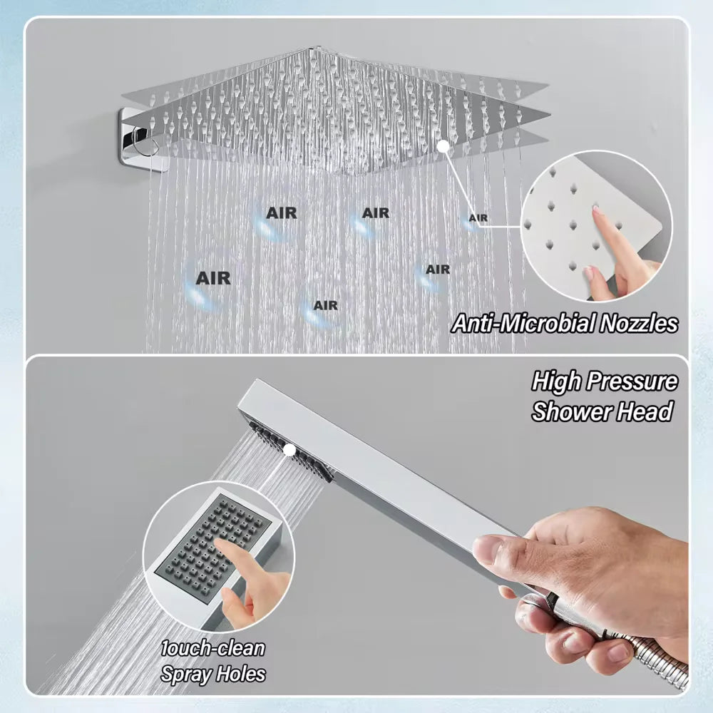 Chrome Rainfall Shower Faucet Set Bathroom Stainless Steel Wall Mounted Concealed 16 Inch Shower System Hot Cold Water Mixer Tap