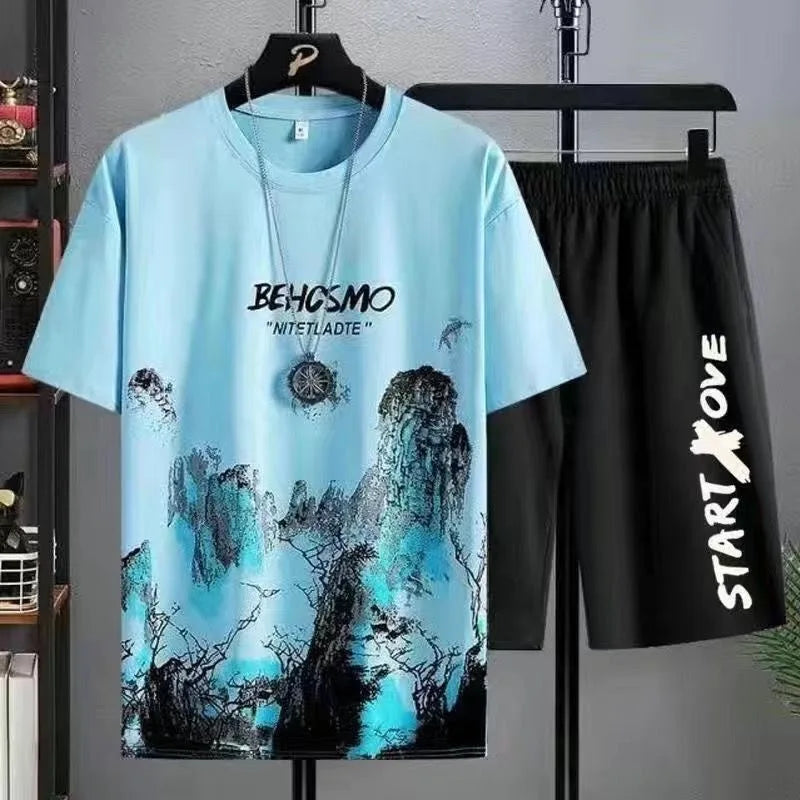 2024 Summer leisure Men set Manga Graffiti Tees T-shirt+shorts 2-piece Comfortable and breathable for men Top Print Tshirts sets.