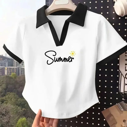 Color Block Polo Neck T-Shirt Women Short Sleeve Classic Lettering Slim Fit V-Neck Top Short Style Cotton Casual Summer New.