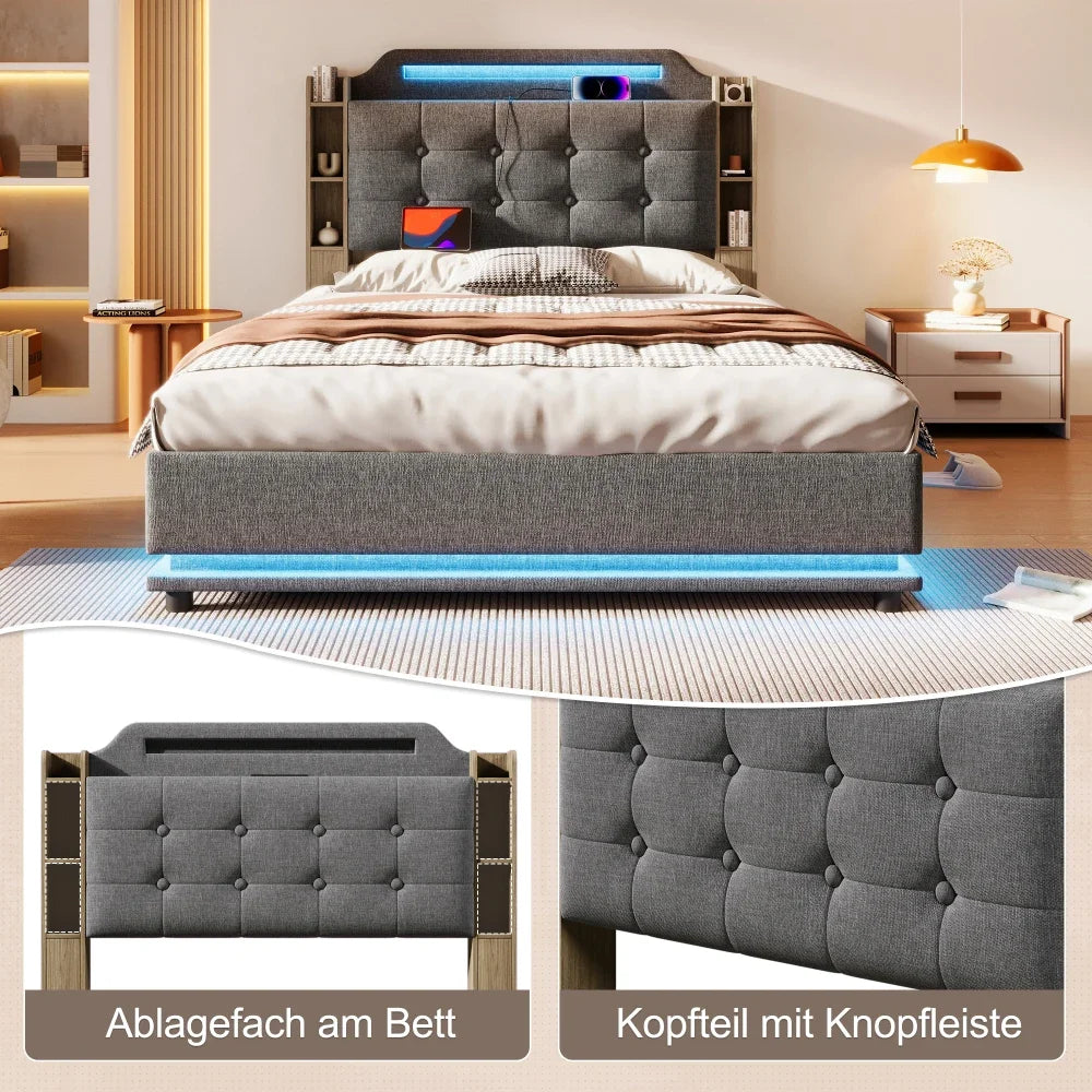 140*200cm Polsterbett mit LED-Lichtleiste und mehreren Ablagefächern, für Schlafzimmerwäsche, Beige (ohne Matratze)