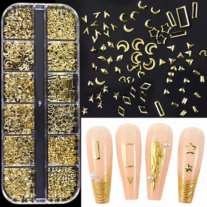 12Grids Moon Star Nails Gold Metallic Nail Sequins Charms 3D Nail Art Tips Decoration  3D Metal Moon Star Sun Bead Rivet Nail Je