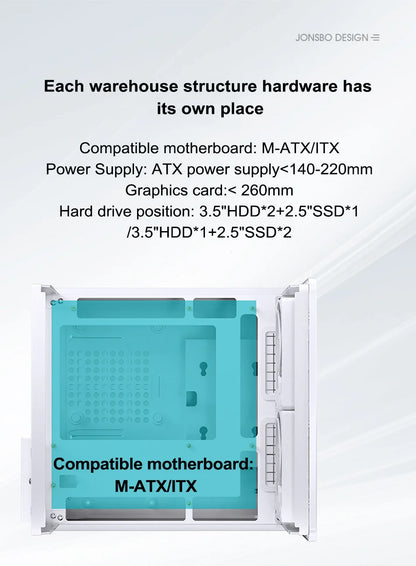 Jonsbo V12 Hyperbolic Glass PC Case MATX ITX Computer Case Seaview Room Desktop Case Mini Side Transparent Chassis 12cm Case Fan.