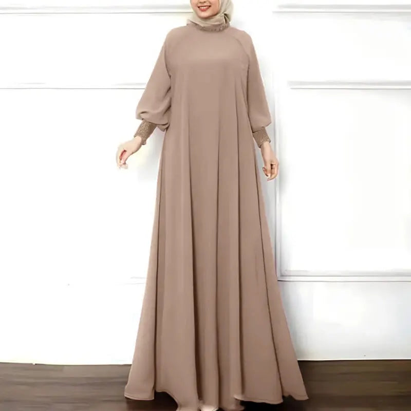 ZANZEA Islamic Hijab Elegant Vestidos Muslim Fashion Shirring Cuff Women Long Sleeve Maxi Dress Solid Ruffled O Neck Abaya Robes.