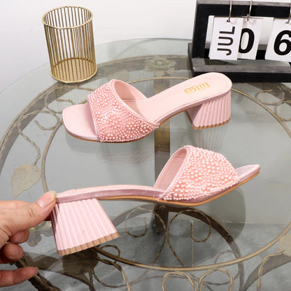 High-heeled slippers 2024 summer fashion new thick with square head luxurious ladies slippers coarse heel 6CM.