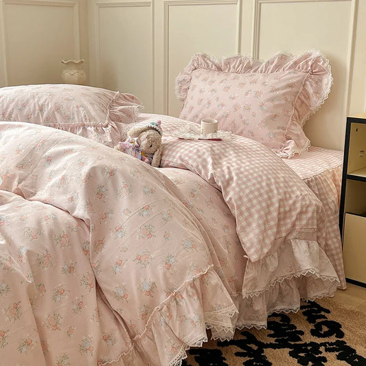 Korean Princess Style Ruffles Flower Print Bedding Set Duvet Cover Set Bed Skirt Bedspread Pillowcases 100% Cotton Home Textile.