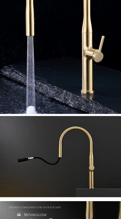 Luxury Brushed Gold Brass Pull Out Kitchen Faucet with Ceramic Cartridge Hot Cold Water Sink Tap Modern High End Sprayer Durable