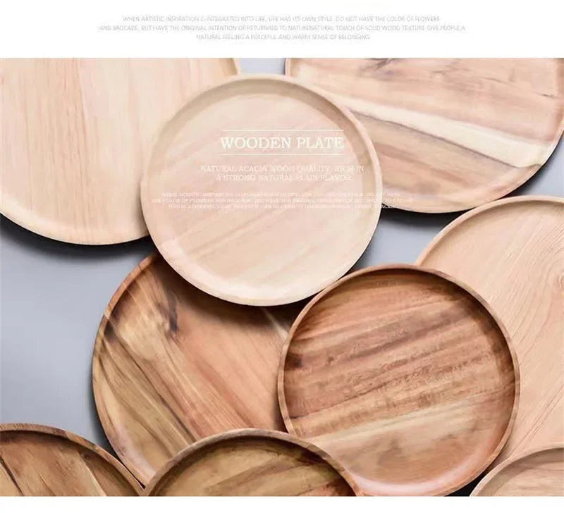 15/20/25cm Wooden Round Serving Platter Tray Retro Wood Pizza Salad Plate Fruit Dessert Tray Bread Cake Container Snacks Dish.