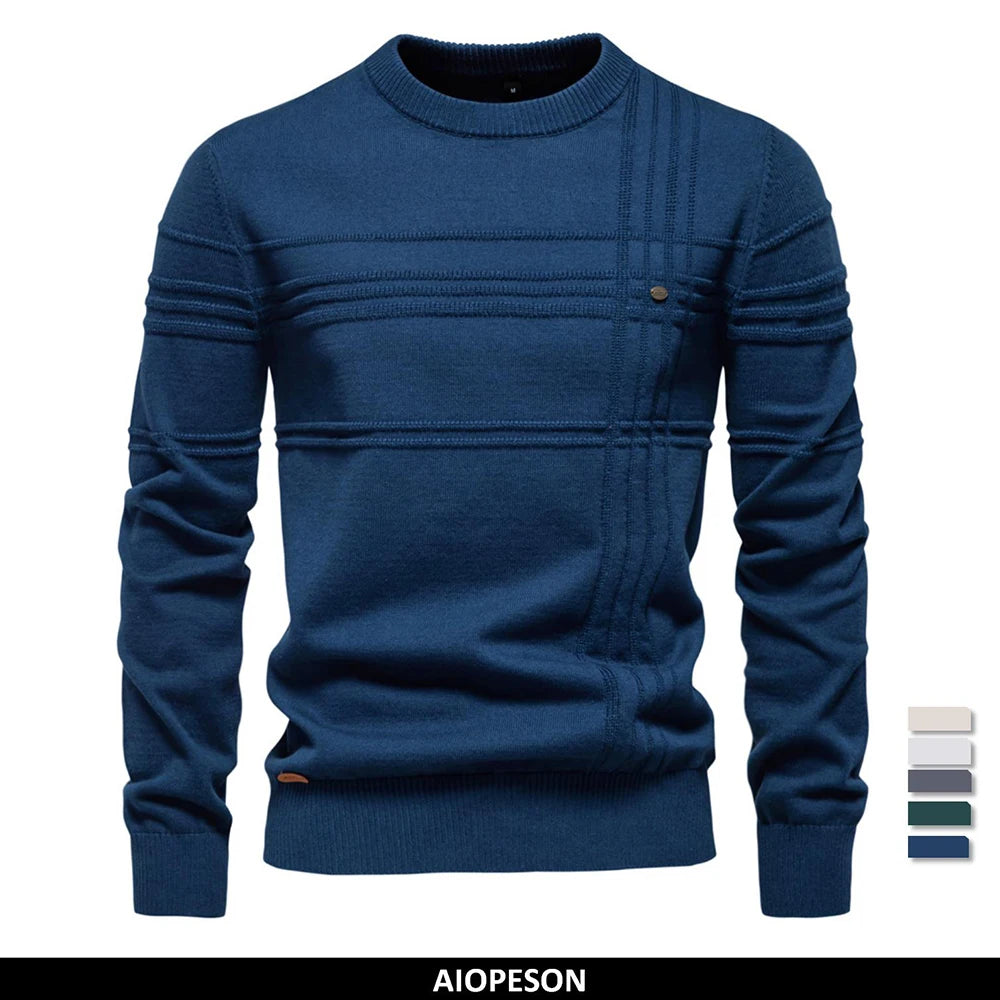 AIOPESON Mens Crewneck Pullover Sweater Knitted Cotton Stripped Quality Autumn Winter Warm Sweaters for Men.