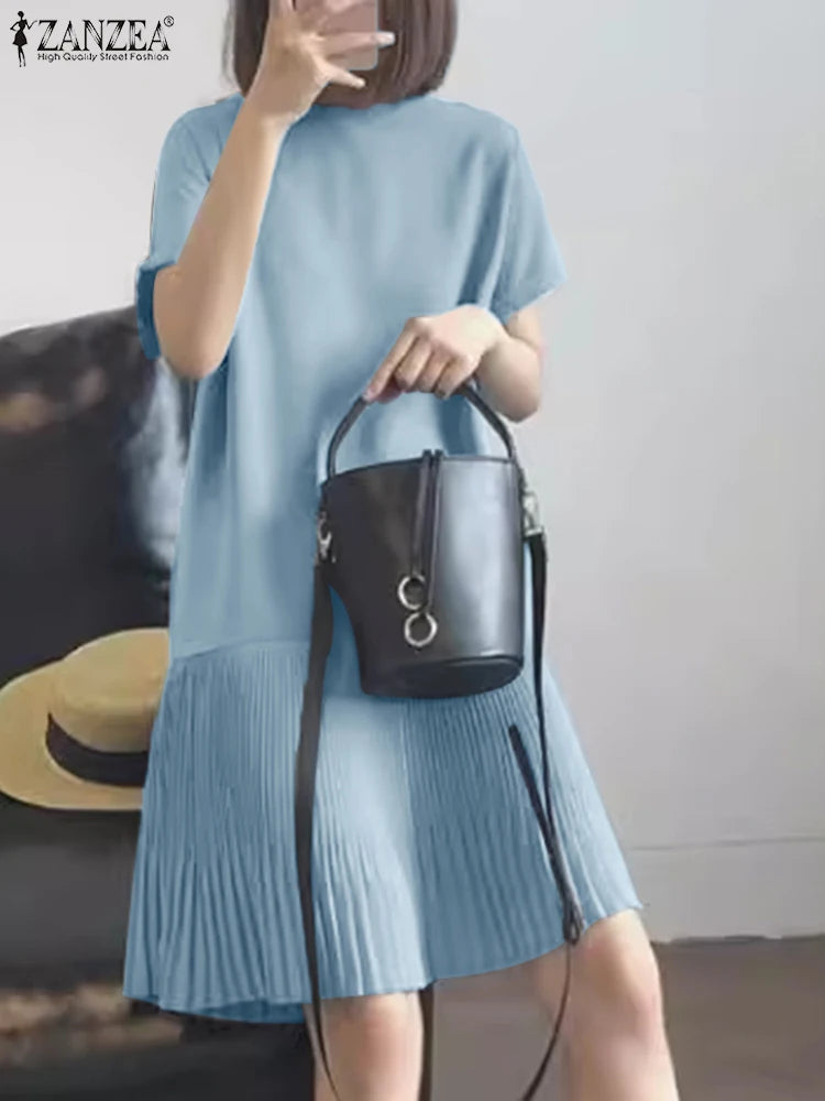 Zanzea lässig solide plissierte Kleid Frauen Sommer Kurzarm knielange Robe 2024 koreanische lose einfache Patchwork Vestido Overs ize.