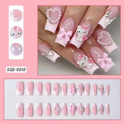 24Pcs Long Square Pink Hello Kitty False Nails French Wearable Full Cover Fake Nails Kitty Cat Bow Heart Design Press On Nails.