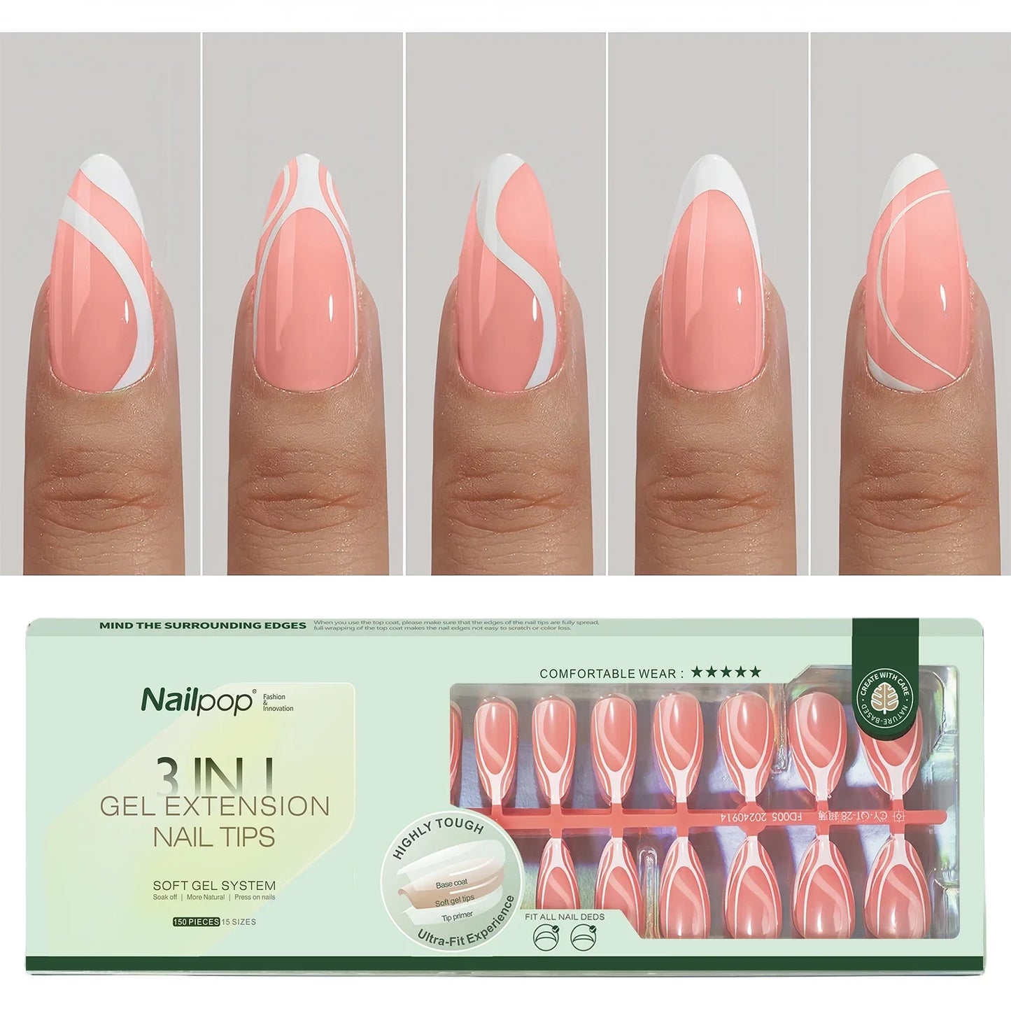 Nailpop 150Pcs French Gel Nail Tips Medium Almond Pre-Colored Press on Nails Skin Tones Soft Gel Nails False Nail Extensions.