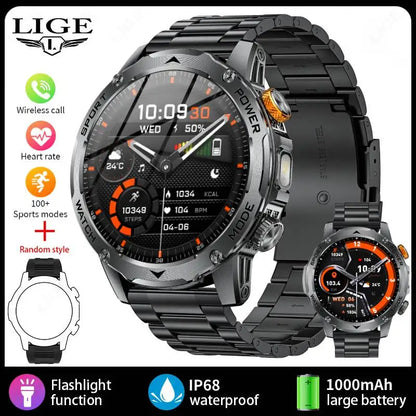 LIGE 2025 New 1000mah Smart Watch Men AMOLED HD Display Sport Fitness LED Flashlight Bluetooth Call Smartwatch For HUAWEI XIAOMI