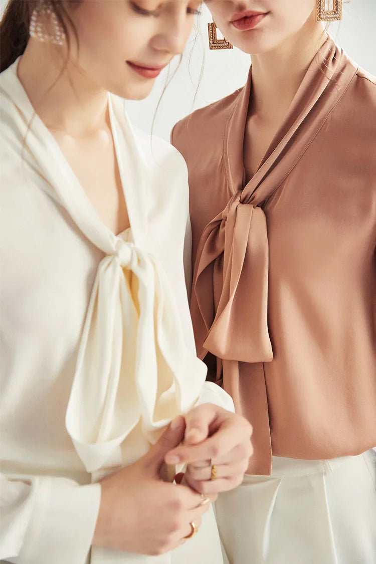 Silk Shirt Women's Thick Temperament Streamer 2025 Spring and Summer New Mulberry Silk Lace-up Design Shirt Long-sleeved Top.