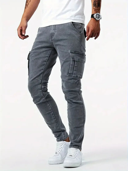 Street Elastic Jeans Men Denim Cargo Pants Wash Solid Color Multi Pockets Casual Mid Waist Trousers Slim Fit Daily Wear Joggers