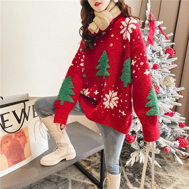 2024 Autumn/Winter New Korean Thickened Color blocked Christmas Sweater Women Hoodie Snowflake Loose Round Neck Lazy Style Tops.