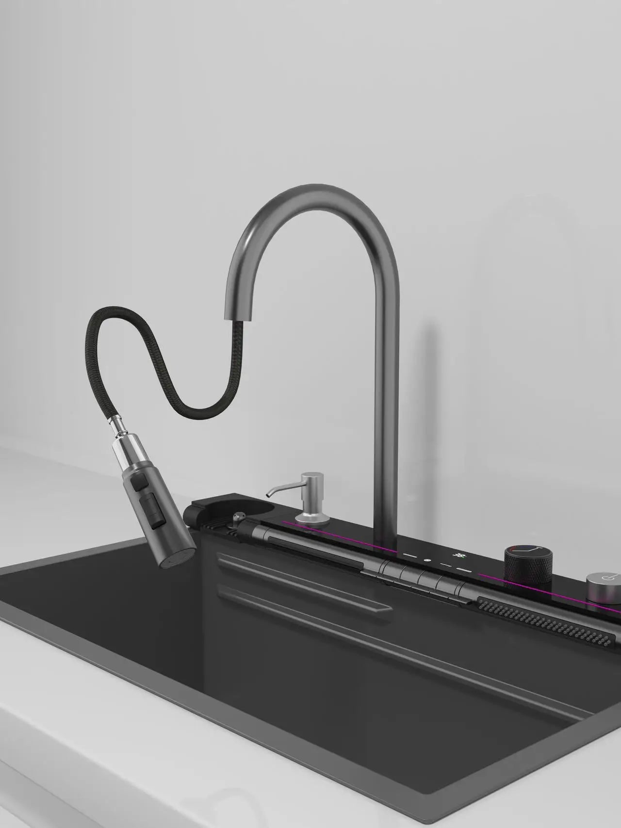 Stainless Steel Kitchen Waterfall Sink Embossed Digital Display Large Single Slot All-in-one Faucet Multi-functional Wash Bain